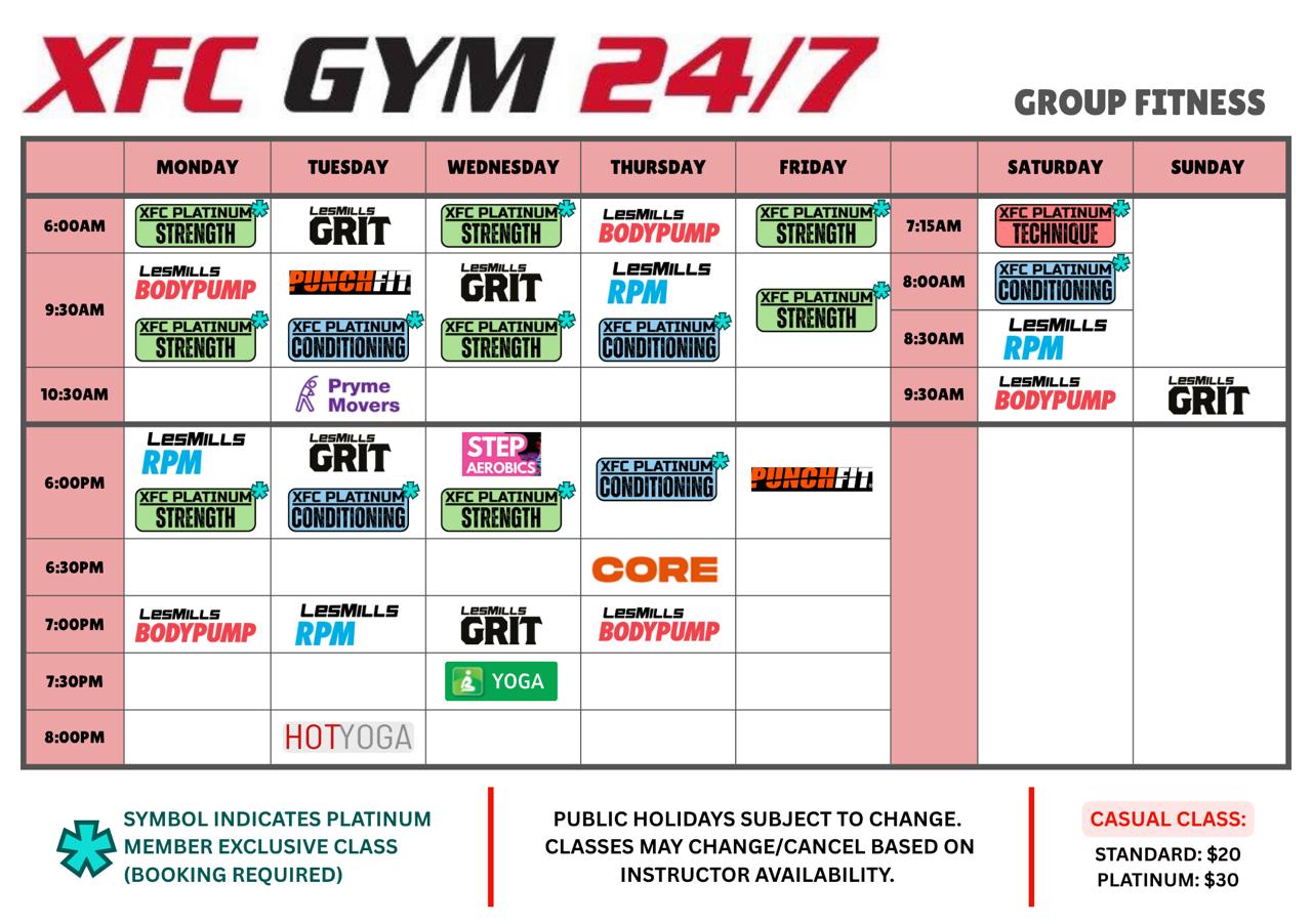 XFC GYM 24/7 Group Fitness Timetable